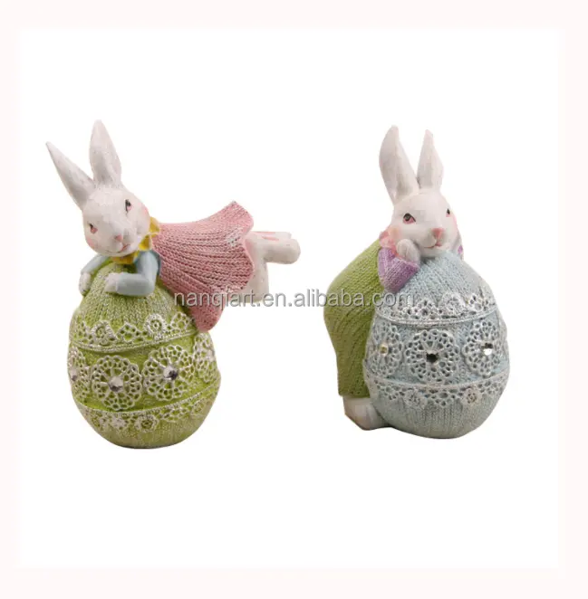 Factory Wholesale Cute Cartoon Rabbit Statue Home Office Table Decorations High Quality Resin Knitting Finish Bunny With Egg