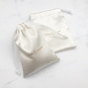 Custom LOGO Luxury White Satin Drawstring Bag Jewelry <b>Watch</b> Gift Eyelashes Packaging Collection Dust Pouch Bag with Rope - Product Image 1