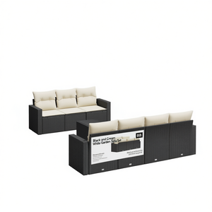 Ensemble de canapés de jardin noir et crème avec coussins, mobilier d'extérieur au design contemporain, résistant à l'eau et aux UV, en rotin PE - Product Image 1