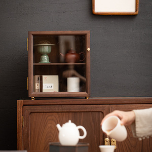 <b>Walnut</b> Wood Double Layer Storage <b>Cabinet</b> For Tea Set Display Desk Organizer With Glass Door And Shelf - Product Image 2
