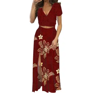 Hot Sexy V-neck Short Sleeve Tight Tops Match Plus Size Slim Fit Slit Maxi Dress Polynesian Tribal Design Dress Sets For Party