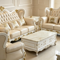 Europäisches Klassisches Goldgeschnitztes Ledersofa-Set Luxus-Villa Wohnzimmer Massivholzrahmen Couch Wohnmöbel