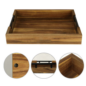 Bandeja de madera con asas <span class=keywords><strong>para</strong></span> servir, bandeja de comida y bebidas <span class=keywords><strong>para</strong></span> mesa de centro, desayuno, cena y bar, bandeja de almacenamiento decorativa rústica FSC - Product Image 4