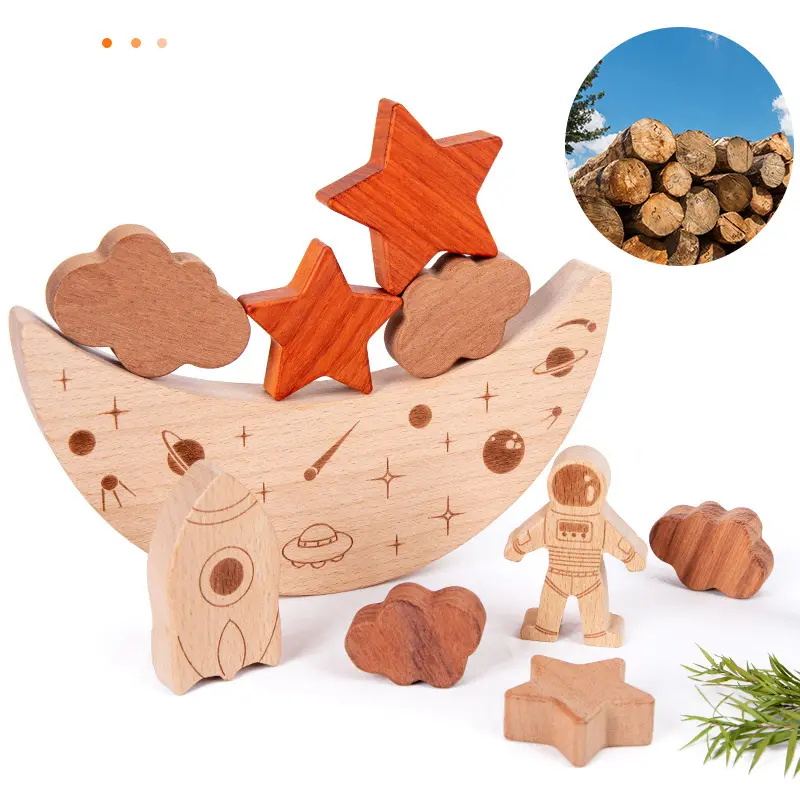 Juego De Equilibrio Lunar De Madera – 16 Piezas, 15 Cilindros, Base De 18x6 Cm, Juguete Educativo Para Niños Y Adultos