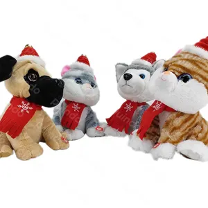 Puindo Wholesale Repeat words Musical Christmas Dolls Cute Cat & Dog Toys Home Xmas Decorations Festival Kids Gifts