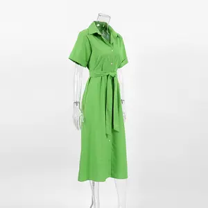 OEM Casual semplice manica corta Empire Maxi lungo con bottoni girocollo da donna abbigliamento estivo camicia in cotone in lino
