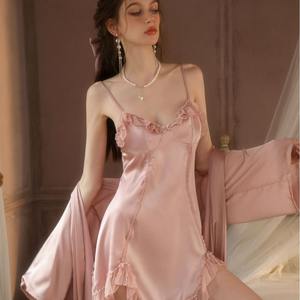 Vendita calda set pigiama profondo V Modulare raso <span class=keywords><strong>Vintage</strong></span> da donna lunga camicia da notte Sexy <span class=keywords><strong>Lingerie</strong></span> - Product Image 4