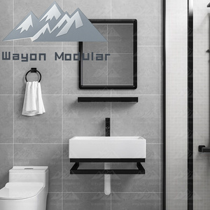 Lavabo da Parete in Stile Industriale Premium con Specchio con Cornice Nera <span class=keywords><strong>e</strong></span> Mensola Portaoggetti, Mobile Bagno Minimalista Compatto - Product Image 3