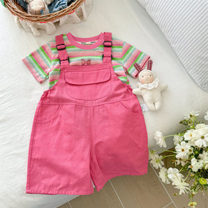 Girls Striped T-Shirt Pink Overalls Set Cotton Summer Clothing For Little Girls Two Piece Outfit - Product Image 4
