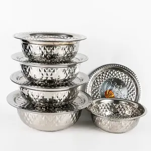 Factory Cheap Kitchen Stainless Steel Round Basin with Lid Fruit Serving Bowl Deep Tray Set with Flower Design
