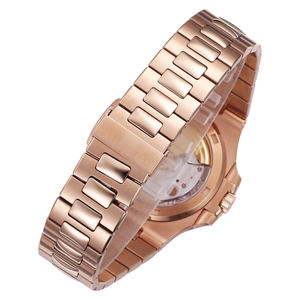 Montre mécanique de luxe en or rose avec bracelet métallique intégré, cadran à rayures horizontales, élégante pour un usage quotidien et professionnel - Product Image 6