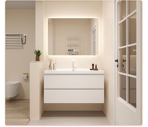 Wall-mounted Solid Wood Ceramic Basin Apartment Villa Modern Mirrored <b>Bathroom</b> <b>Cabinet</b> LED Touch Illuminate Waterproof Design - Product Image 5