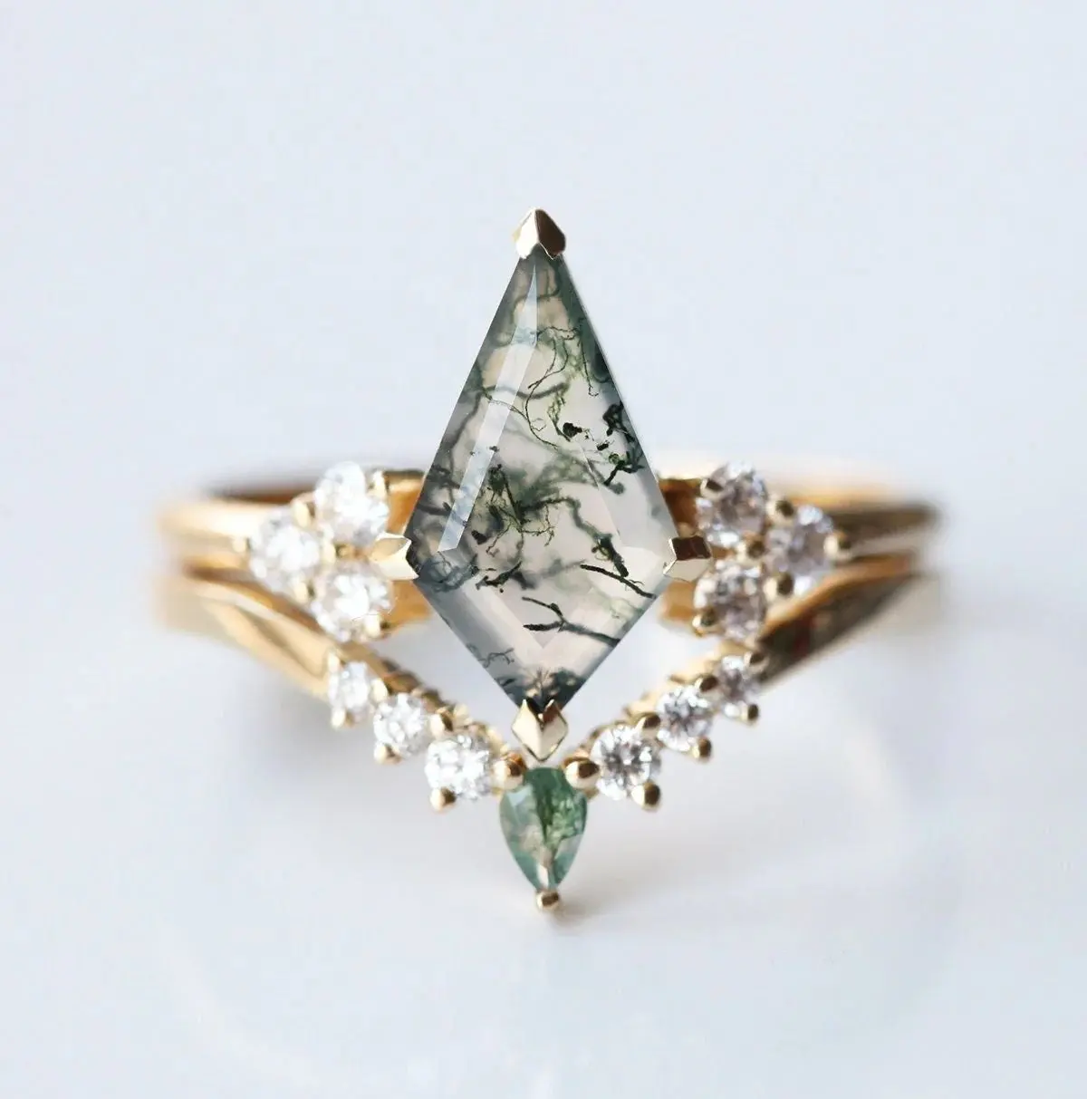 925 Sterling Silver Women Bridal Ring Set Kite Shape Gemstone Natural Moss Agate Wedding Ring