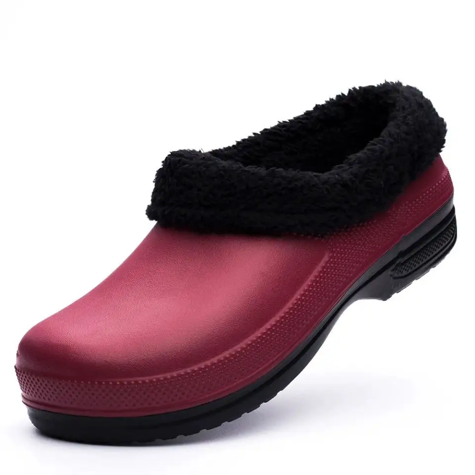 Burgundy EVA Winter Woolen Clogs Safety Rain Shoes Waterproof Non-slip Outdoor Indoor EVA Garden Shoes
