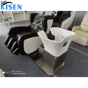 Kisen 2024 – Nouveauté : Ensemble de fauteuils électriques de qualité supérieure pour shampoing, base en acier inoxydable argenté, revêtement en cuir PU noir – Mobilier de salon de coiffure - Product Image 1