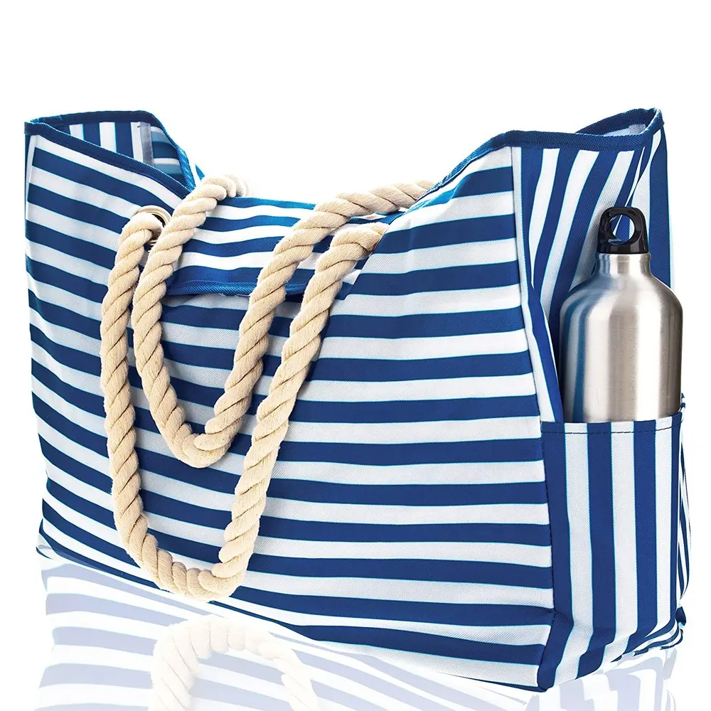 Plaj çantası XXL 100% su geçirmez pamuk halat kolları üst mıknatıs toka mavi çizgili omuz seyahat plaj çantası alışveriş çantası