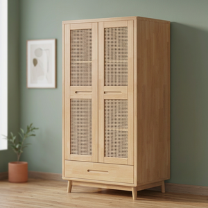 Modern Wooden <b>Wardrobe</b> With Cane Panel Doors Hinged Freestanding Bedroom Storage Cabinet Scandinavian Design - Product Image 5