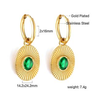 ต่างหูห่วงรูปวงรีประดับเพชรพลอยสีเขียวเคลือบทอง 18K สแตนเลสสตีลเงางามกันน้ำ แฟชั่นใหม่สำหรับผู้หญิง - Product Image 5