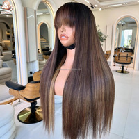 Perruque en cheveux humains vierges vietnamiens bruts, lisses et raides, avec frange, sans colle, prête à porter, avec closure en dentelle transparente