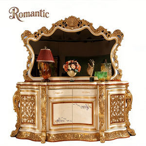 Aparador de Lujo Estilo Europeo Real, Acabado Crema y <span class=keywords><strong>Dorado</strong></span>, Tallado a Mano con Filigrana Dorada, Mueble Buffet de Madera Maciza con <span class=keywords><strong>Espejo</strong></span> para Villa - Product Image 6