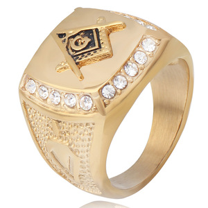 Bague avec logo franc-maçon, 19 mm, carrée, en or, bijoux pour homme avec sertissage de diamants, à porter tous les jours - Product Image 5