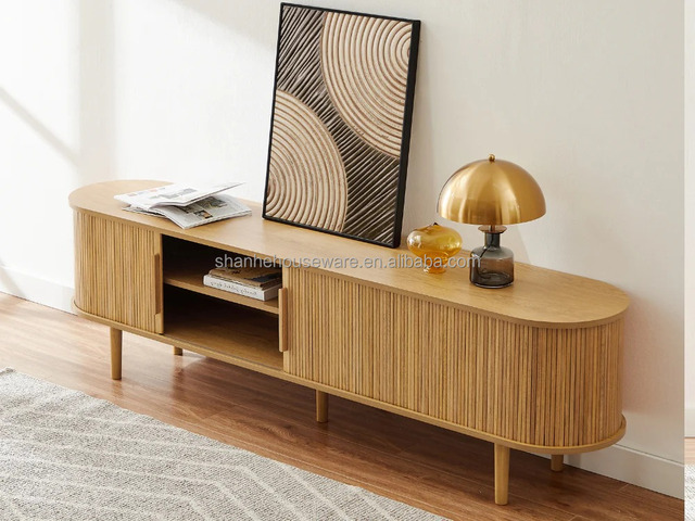 Tate TV Unit Modern Fluted Panel Solid Wood TV Stand with Rounded Edge and Adjustable Height for Living Room