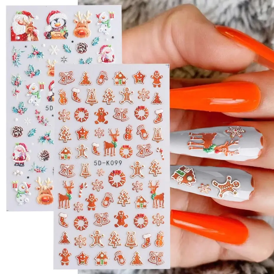 Hot Sale Christmas Santa Clause 5D Cartoon Embossed Snowflakes Nail Art Stickers