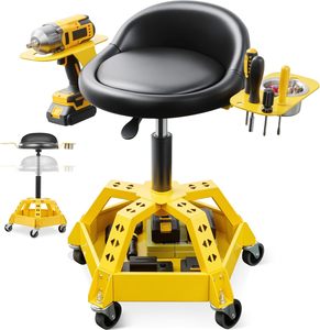Sgabello da Meccanico Professionale con 5 Ruote, Altezza Regolabile, Seduta in PU e Vassoio Portautensili, Rotazione a 360° °   Supporto Girevole per Officina e Garage - Product Image 1