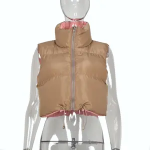 2024 New Design Down Filled Sleeveless Jacket Fashion Simple Ladies Sexy Navel Down Vest Stand Collar Women Puffer Jacket Vest