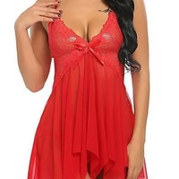 Chemise de nuit en maille transparente avec dentelle et ourlet asymétrique pour femme