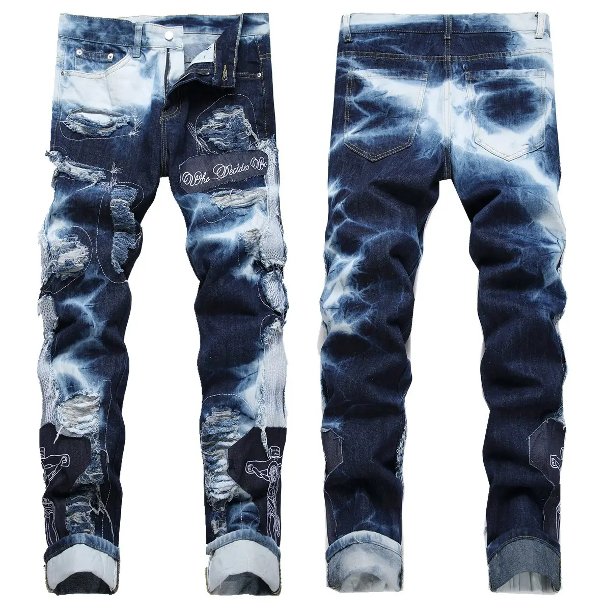 XINEN Mode Jeans Jeunes Tendance Bleu Déchiré Patch Brodé Droite Jeans Hommes