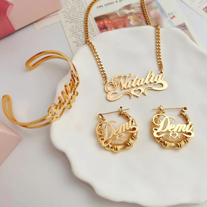 Tùy Chỉnh Cá Nhân Tên Đồ Trang Sức Tùy Chỉnh Bông Tai Vòng Cổ Vòng Đeo Tay Trang Sức Set 18K Mạ Vàng Thép Không Gỉ Vòng Đeo Tay Cho Phụ Nữ - Product Image 5