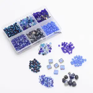ZHB批发6格宝蓝色玻璃珠混合DIY珠宝制作天然石材砾石龙德尔方形双锥形散珠