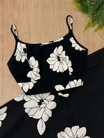 Set atasan dan rok maxi motif bunga hitam wanita, tali spaghetti, pakaian dua potong, gaya boho pantai, liburan musim panas, grosir, pesanan khusus