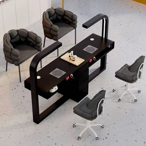 Table de manucure double en pierre frittée de luxe avec lampes LED intégrées en forme d'arche, noir mat, poste de travail professionnel pour 2 personnes - Product Image 5