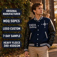 Veste de baseball classique pour homme en laine mélangée marine personnalisée avec manches en cuir, boutons-pression et rayures côtelées 420GSM, style streetwear