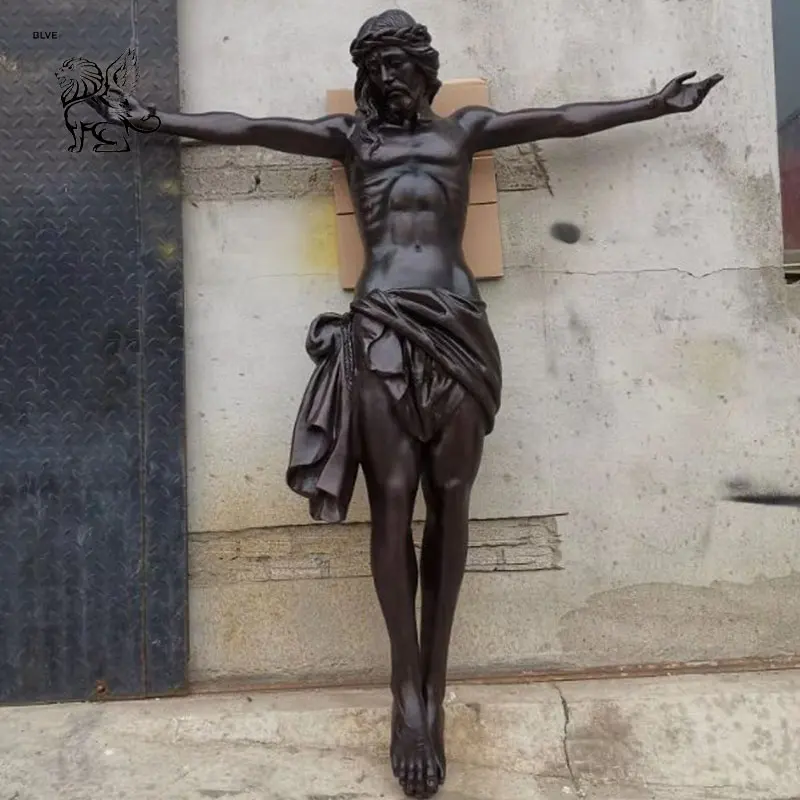 Наружная известная скульптура в натуральную величину с крестом в виде голой Западной религии, Античная бронзовая статуя Христа с Иисусом BSD-356