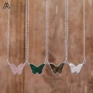 Dainty Butterfly Crystal Ketting Zilveren Sieraden, Amethist Tijgeroog Rose Quartz Stone Vlinder Hanger Boho Chokers