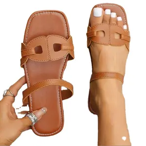Sandal datar wanita, Sandal PU musim panas nyaman ujung bulat kasual kulit coklat