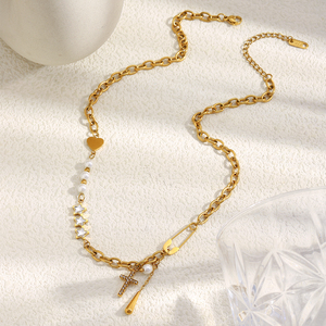 <span class=keywords><strong>Collier</strong></span> chaîne de perles d'imitation Dreamshow avec pendentif étoile et croix en zircon, bijoux plaqués or en acier inoxydable - Product Image 1