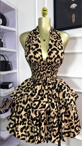Peeqi S-8822 Summer 2025 Sexy Women's Fashion <strong>Dress</strong> Sleeveless <strong>Leopard</strong> Print Pleated Puffy Backless <strong>Dress</strong> Plus Size <strong>Dress</strong> Women