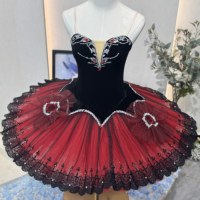 Gaun Tutu Balet Spanyol Merah Hitam Profesional untuk Anak Perempuan, Tutu Pancake untuk Pertunjukan Panggung & Kompetisi Don Quixote