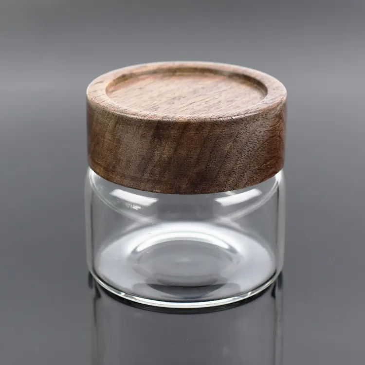 Child Resistant Wholesale Acacia Locust Wooden Cr Lid High Transparent Borosilicate Custom Body Glass Jar For Flower Pack