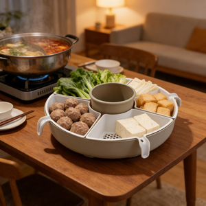 Rotating Compartmentalized Hot Pot Tray With <b>Drain</b> <b>Basket</b> Multifunctional Serving Dish For Home Use Pink White Gray Orange - Product Image 3
