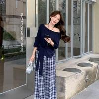 2025 début automne nouvelle mode femmes ensemble décontracté Design Unique mi-manches T-Shirt & taille haute minceur Plaid jambe large un ensemble