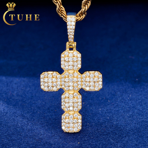 <strong>Handcraft</strong> Fine <strong>Jewelry</strong> Gold Plated 925 Sterling Silver VVS Moissanite Iced Out Christian Hip Hop Octagon 2 Layer Cross Pendant - Product Image 1