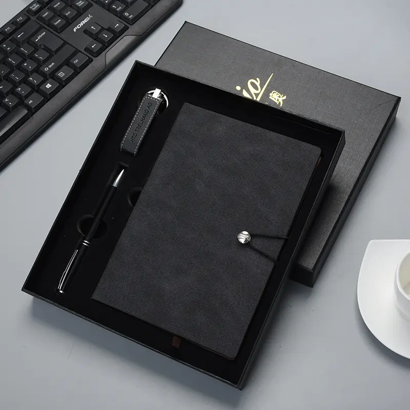 LLavero de lujo negro para actividades de la empresa, conjunto de llavero con tapa blanda, cuaderno personalizado, regalo de negocios