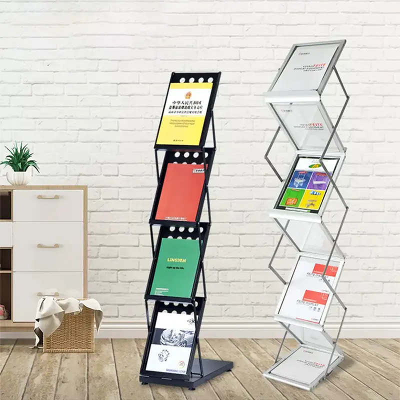 6-Pocket Pop-Up Literature Rack A4 Size Iron Folding Brochure and Magazine Display Stand for Office Exhibition Use