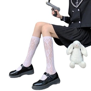 White Lace Mid Calf Socks Thin Floral Breathable Women's JK Lolita Style Stockings Black And White <b>Fishnet</b> Ankle Socks - Product Image 5