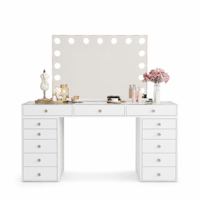 Coiffeuse LED éclairée avec miroir à 13 ampoules globe, poignées argentées et tabouret doré, avec tiroirs de rangement
